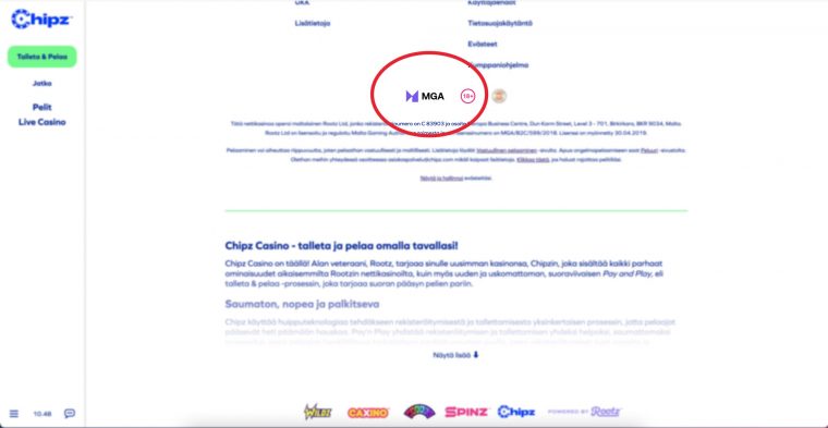 Kasinon lisenssin tiedot löytyy sivun footerista
