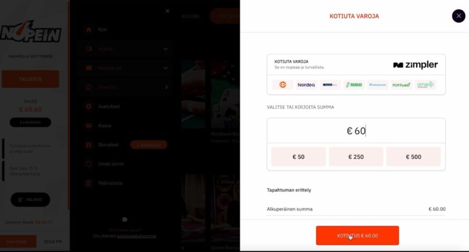 Nopein kasino kotiutus