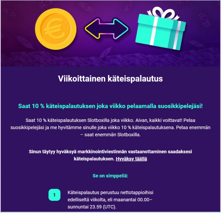 slotbox käteispalautus