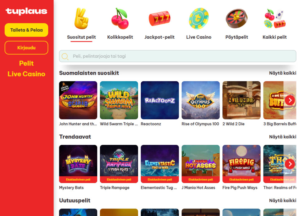 tuplaus pelivalikoima